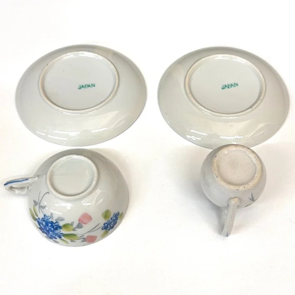 Vintage Japan Miniature Tea‎ Set 4pc Floral Porcelain Teacup Saucer Creamer Blue